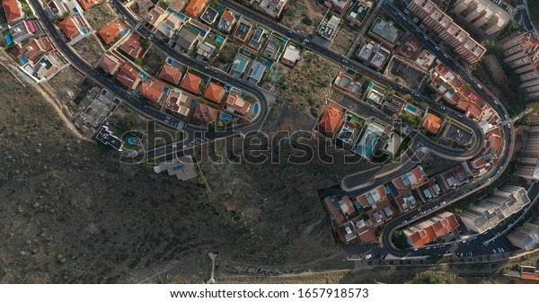 Top view aerial video\
of development infrastructure city, Spain, Tenerife, Santa Cruz de\
Tenerife.