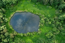 Top View Of The Aero Lake, Green Dark Forest And The Lake Shore. Cloudy Summer Day.Ural
