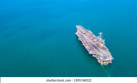 Top View Aircraft Carrier Warship Battleship In The Ocean