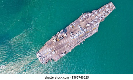 Top View Aircraft Carrier Warship Battleship In The Ocean