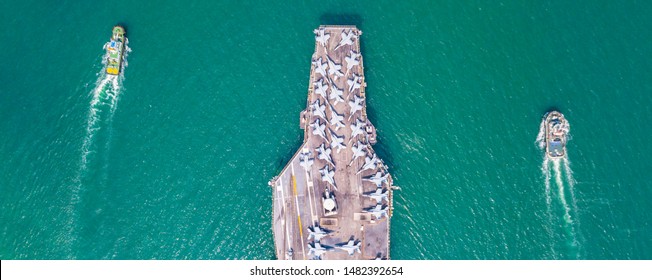 Top View Aircraft Carrier Warship Battleship In The Ocean Navy