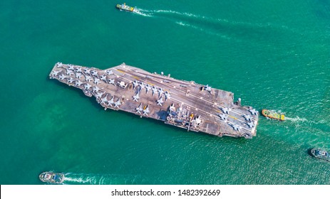 Top View Aircraft Carrier Warship Battleship In The Ocean Navy