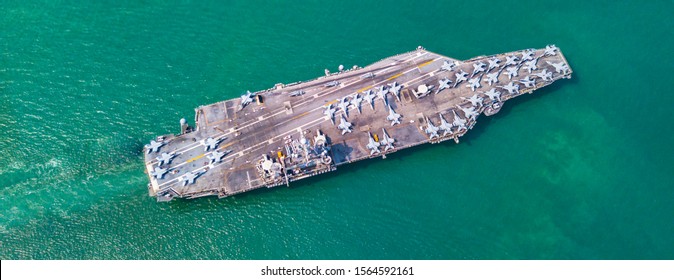 Top View Aircraft Carrier Warship Battleship In The Ocean, Navy