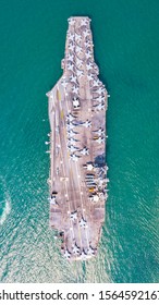 Top View Aircraft Carrier Warship Battleship In The Ocean, Navy