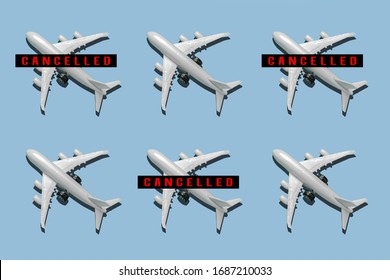 top view airplane pattern with note cancelled on a blue background 