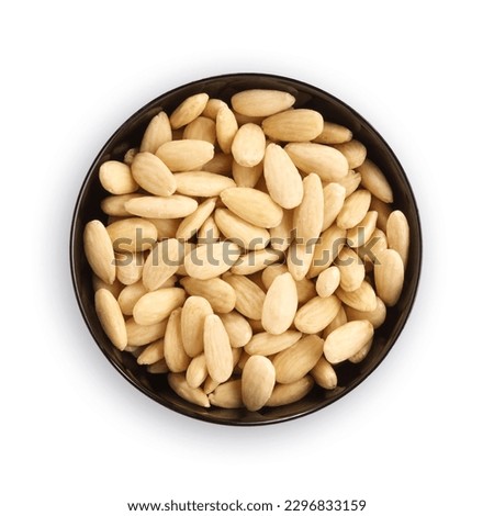 top view of almond nuts in a black bowl isolated with clipping path on a white background