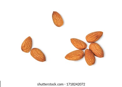 Top View Almonds On White Background.