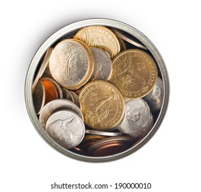 Top View Of American Coins In Tin Can