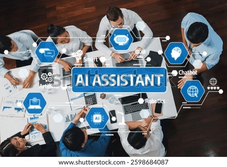Top view analyst team utilizing BI Fintech to analyze financial data at table in meeting room. Analytic BI dashboard power on paper for business insight and strategic marketing planning. Prudent Amity