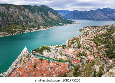Top view of the ancient town of Kotor and the Bay of Kotor. Montenegro, Balkans. Mountains, nature.