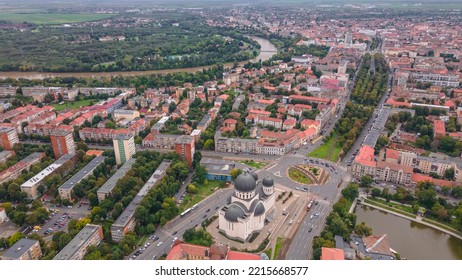 Top view of Arad, Romania cityscape with the Orthodox Cathedral and the surounding buidings. Photography was shot from a drone at a higher altitude.
