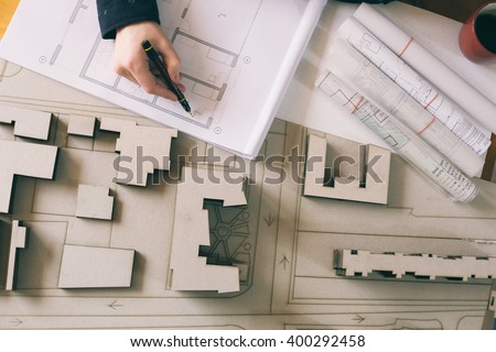 Top view of architect drawing on architectural project