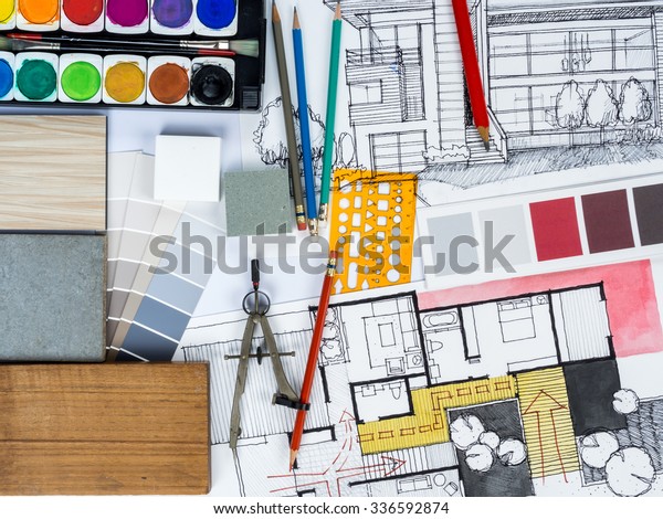 Top view of architect
& interior designer  working as home decoration and renovation
concept