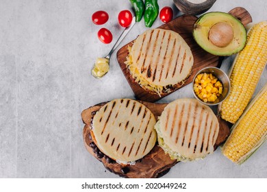  Top view of arepas, breakfast in Colombia and Venezuela, made with corn flour - Shutterstock ID 2020449242