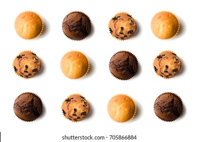 top view of assorted fresh tasty muffins isolated on white