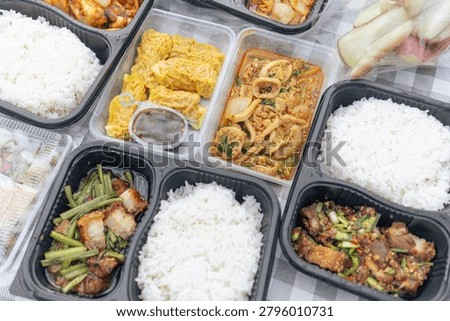 Top view of Assorted Thai takeaway Food delivery Convenient meals in plastic containers featuring rice, stir fried dishes, and side items in multiple takeaway meal containers with traditional cuisine.