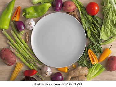 top view assortment veggies with empty plate. Resolution and high quality beautiful photo - Powered by Shutterstock