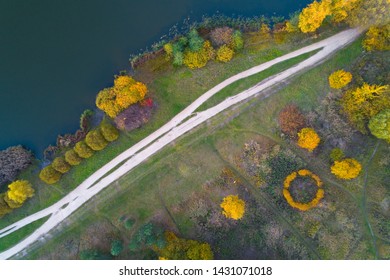 Top View Of The Autumn Park And Flower Bed. Aerial Photography In The Izmailovo Park.