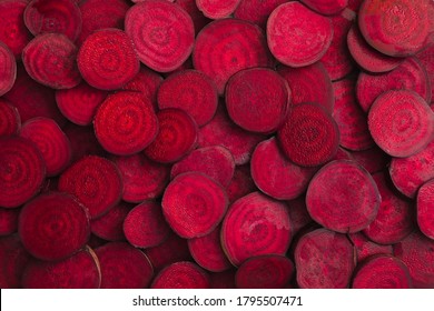 Top view of a backgound of beet slices with copy space.