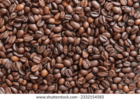 Top view of background representing halves of dark brown coffee beans. Roasted coffee beans, copy space