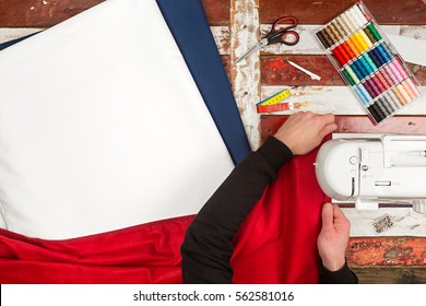 Top View Background Of Tailor At Wooden Rustic Table Working On A Sewing Machine