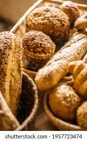 Top View Of Baked Goods In Baskets On Table