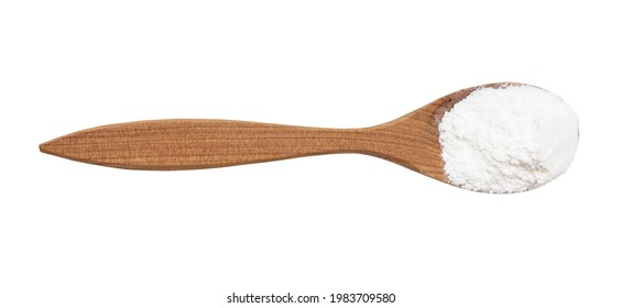 Top View Of Baking Powder In Wood Spoon Isolated On White Background