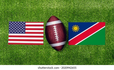 Top view ball for american football with USA vs. Namibia flags match on green american football field - Powered by Shutterstock