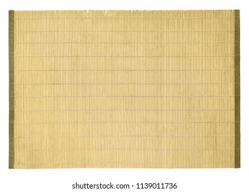 Top View Of Bamboo Table Place Mat For Sushi And Other Food Isolated On White Background