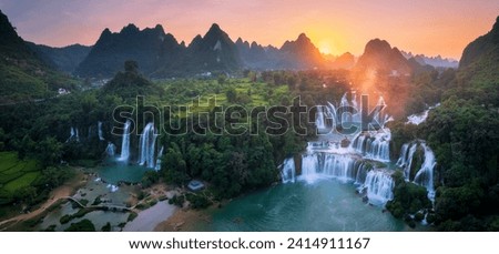 Top view of Ban Gioc Detian waterfall in Vietnam China border. The most beautiful waterfall in Southeast Asia. Nature background