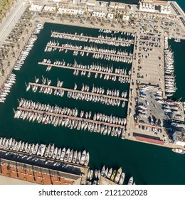 Top View Of Barcelona Marina. Parked Yachts