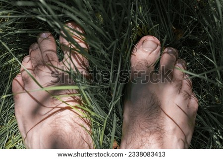 top view, bare feet of man in green grass, copy space, morning dew and sunlight