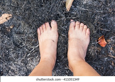 Top View Barefoot On Forest Burnt Cinders Ground, Concept World Forest Protect