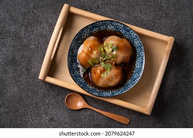 Top View Of Bawan (Ba Wan), Taiwanese Meatball Delicacy, Delicious Street Food, Steamed Starch Wrapped Round Shaped Dumpling With Pork And Shrimp Inside