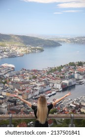 Top View Of The Bay Of The City Of Bergen, Norway, Streets, Houses, Fjord