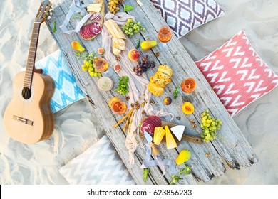 Top View Beach Picnic Table Outdoors. Beach Party