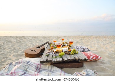 Top view beach picnic table. Beach party