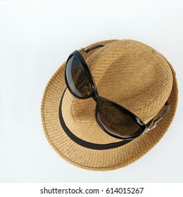 Top View Of Beach Travel In Summer, Accessories For Man Fashion With Sunglasses On Hat. Sunlight Protection Items Isolated On White Background.