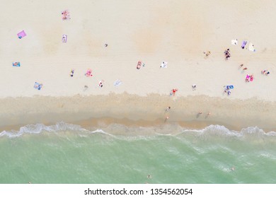 Top View Of Beautiful Beach With Tourist, Aerial Drone Shot