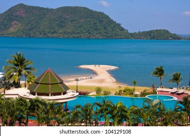 Top View Of Beautiful Swimming Pool By The Sea In Island Koh Chang, Thailand