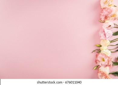 Top view of beautiful tender blooming eustoma flowers isolated on pink background  - Shutterstock ID 676011040