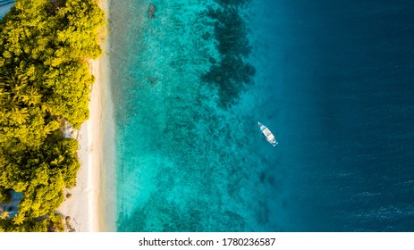 Top View Of Beautiful White Sand Beach , Aerial Drone Shot