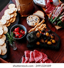 Top view of a beautifully arranged charcuterie board featuring assorted crackers, salami, cheese, olives, stuffed peppers, and breadsticks on a wooden table. Perfect for culinary presentations, food . - Powered by Shutterstock