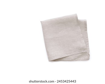 Top view beige gray linen kitchen napkin isolated on white background. Folded cloth for mockup