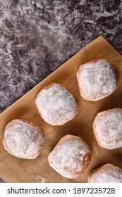 Top View Of 'Berliner Pfannkuchen', A Traditional German Donut Like Dessert Filled With Jam Made From Sweet Yeast Dough Fried In Fat