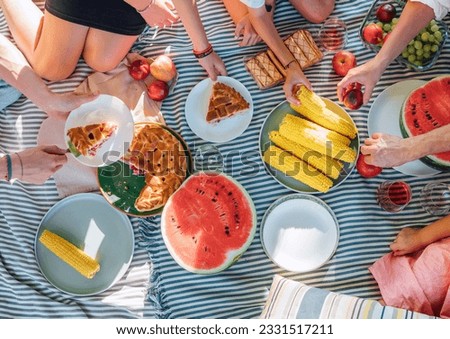 Top view of big family sitting on the picnic blanket in city park. They are eating boiled corn, apples, just cooced pie, peaches, pastries and watermelon. Family values and outdoor activities concept.