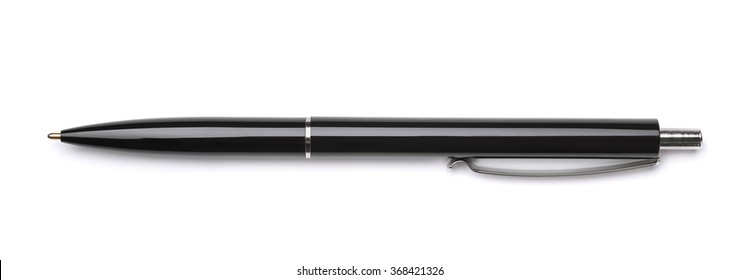 Top view of black ballpoint pen isolated on white