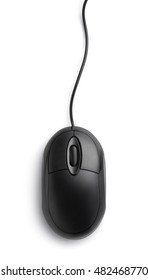 Top view of black computer mouse isolated on white