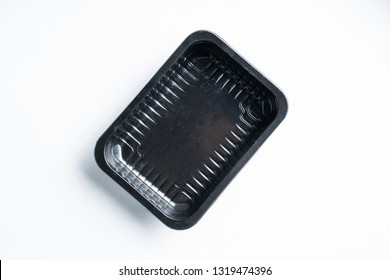 Top View Of Black Empty Foam Food Tray Isolated On White