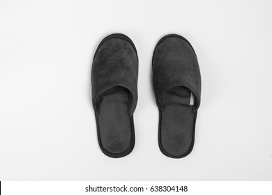 top view black fluffy slipper isolated on white background - Shutterstock ID 638304148